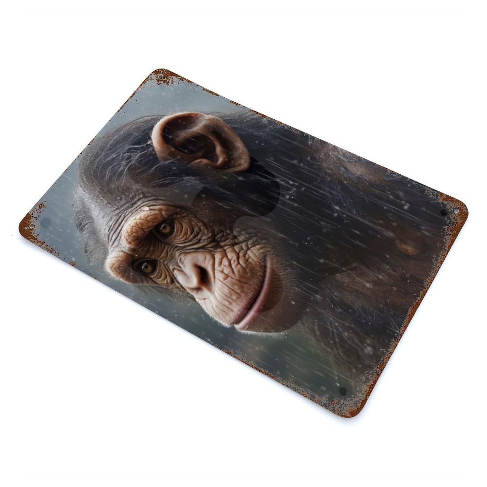 Wet Chimpanzee CloseUp 11.8"x7.9" Rustic Tin Plaque, Novelty Wall Decor for Living Room, Hallway And Home Decor
