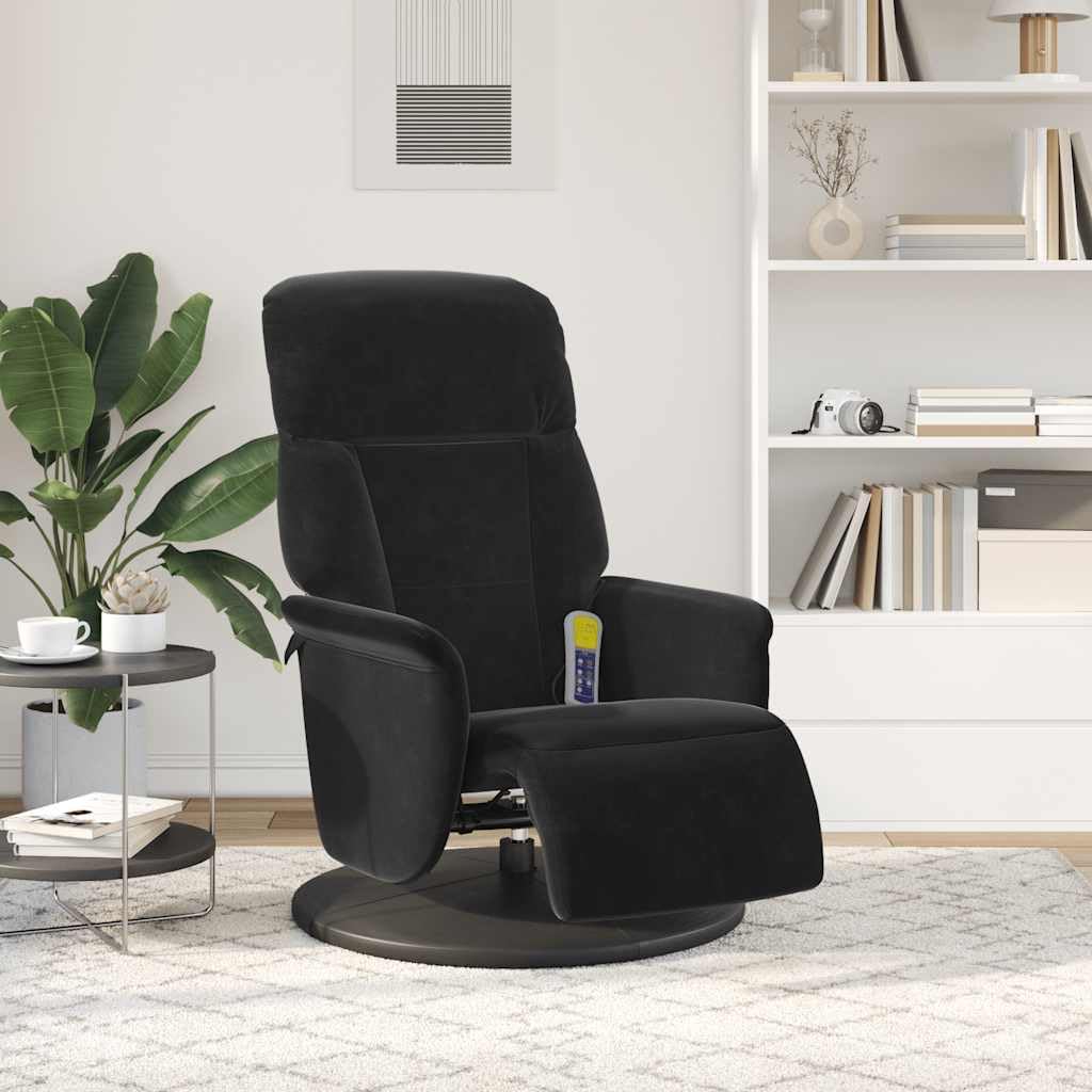 Massagesessel mit Fußteil, Schwarz Samt, 6-Punkt-Vibrationsmassage, verstellbare Rückenlehne und Fußstütze, 360 Grad drehbar, Robustes Holz Metall Gestell
