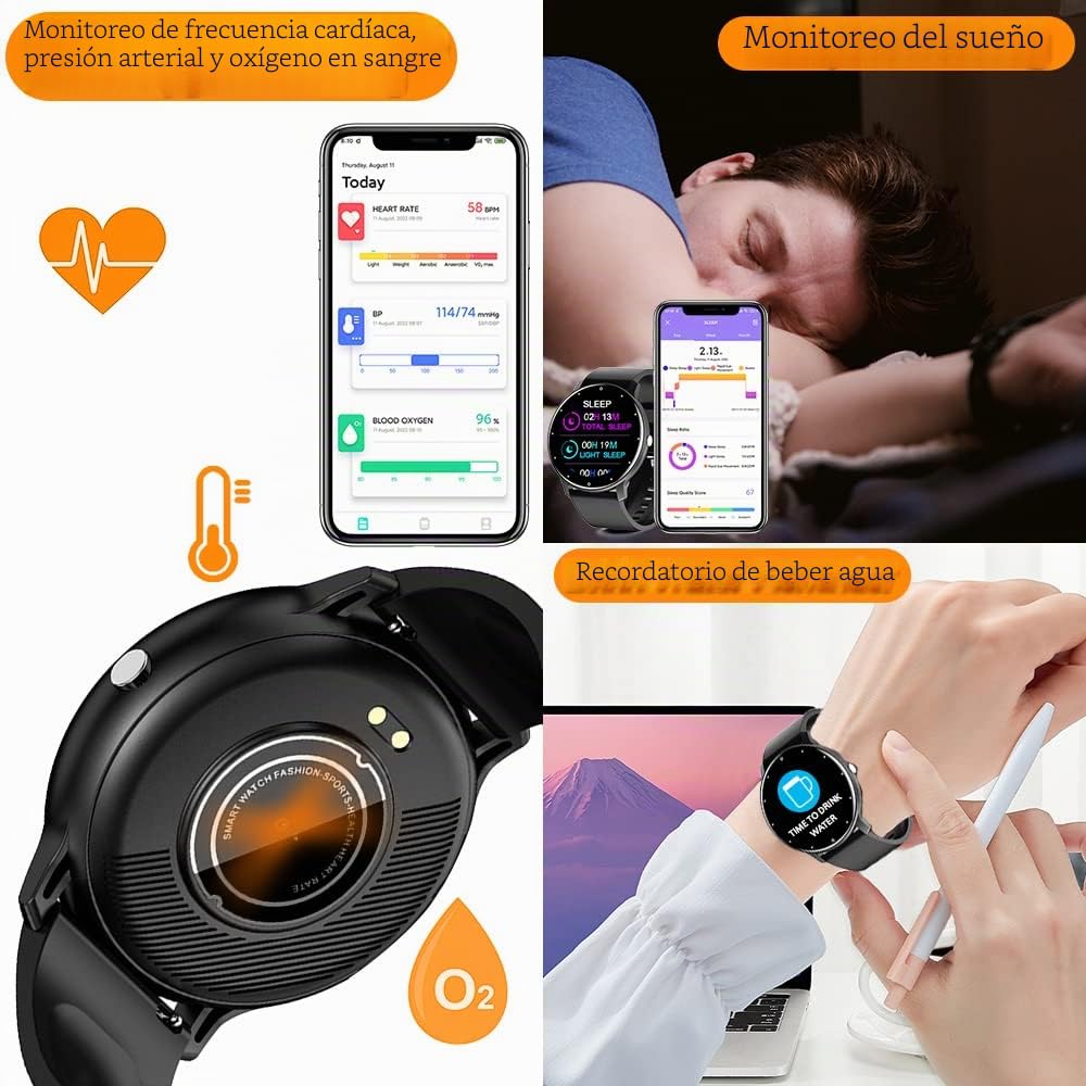 0,8cm Ultrafino Reloj Inteligente Deportivo Hombre Smartwatch Pulsera Actividad Cuenta Pasos con Pulsómetro, Monitor Presión Arterial, Monitor de Oxígeno, Conectado con Teléfono Inteligente