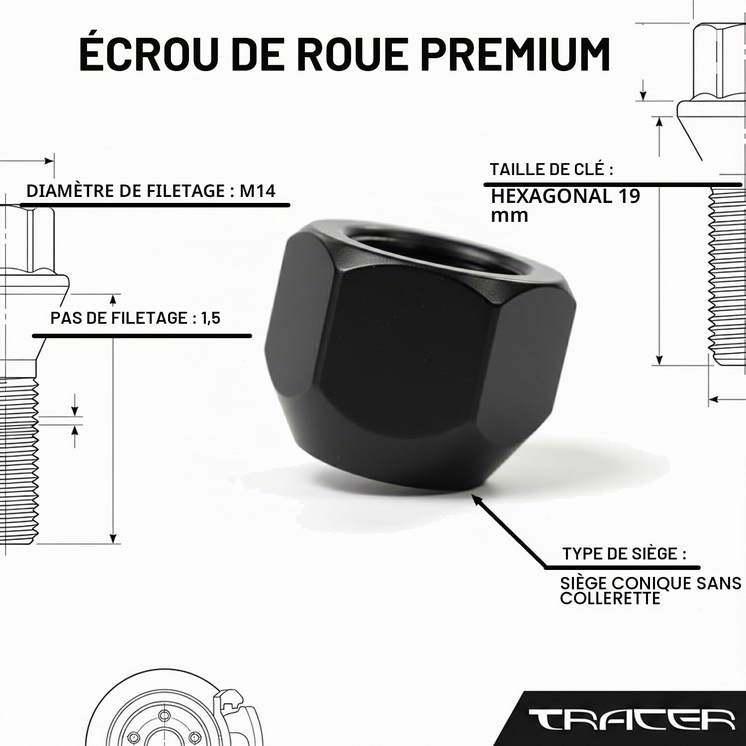 TRACER Écrou Roue M14 x 1,5 SW19 Lot de 20 pour Jantes Acier Ford Galaxy S-MAX Noir Coniques