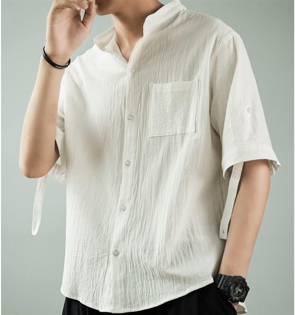 円 ランキング第1位 Tjlss リネンシャツメンズルーズカジュアルジャケットチャイニーズスタイル3分の1スリーブコットンリネン半袖 Color White Size Xxl Code