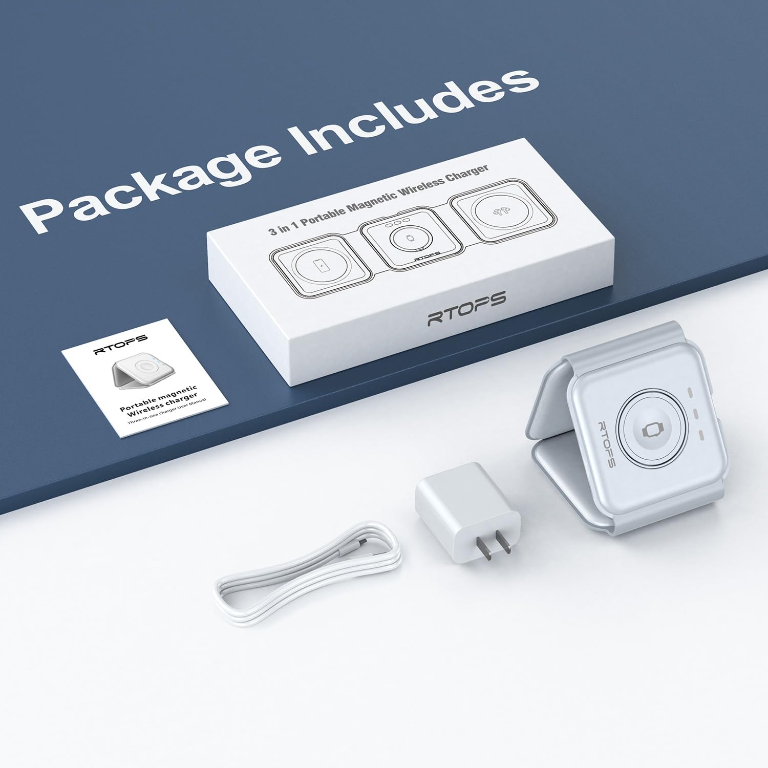 RTOPS - Caricabatterie wireless 3 in 1, stazione di ricarica magnetica da viaggio wireless, stazione di ricarica GaN 3 in 1, compatibile con iPhone 16/15/14/13/Pro/Max, iWatch, AirPods4/3/2/Pro