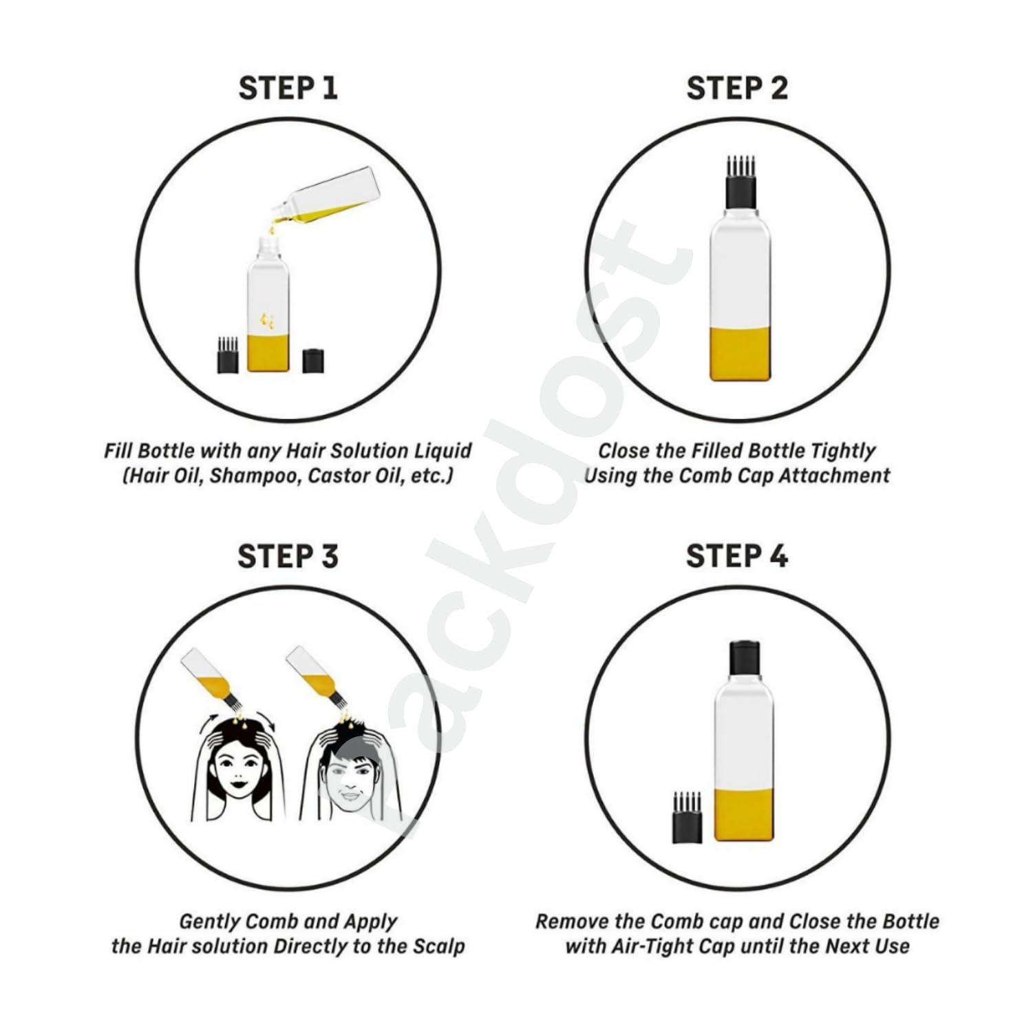 Packdost 100 Ml Empty Hair Root Comb Applicator Oil Shampoo Comb Refillable Cylindrical Black Bottle With Applicator Cap - Set Of 20 - Image 6 thumbnail