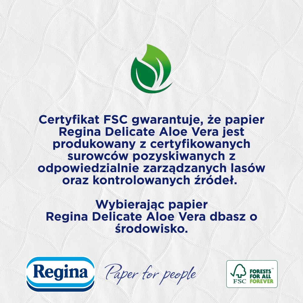 Regina Delicate Aloe Vera Papier Toaletowy, 48 Rolek po 150 Listków, Odświeżający Aloes, 3-Warstwowy, Miękki i Trwały, Wzbogacony Balsamem z Aloesu, Certyfikat FSC, Atest NIZP-PZH