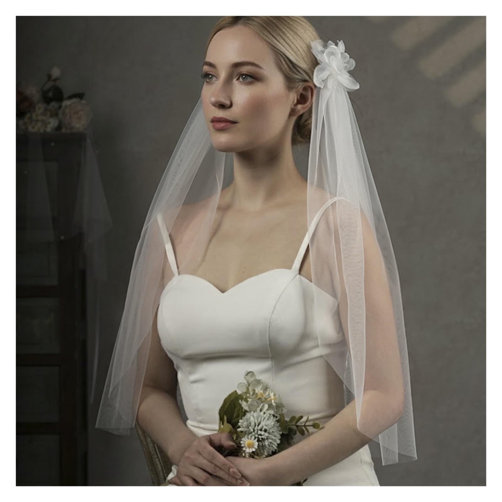 Ein Paar Brautschleier mit Clip, Ellenbogenlänge, personalisierte Hochzeitsaccessoires, Blumen-Damenkleid(Off White)