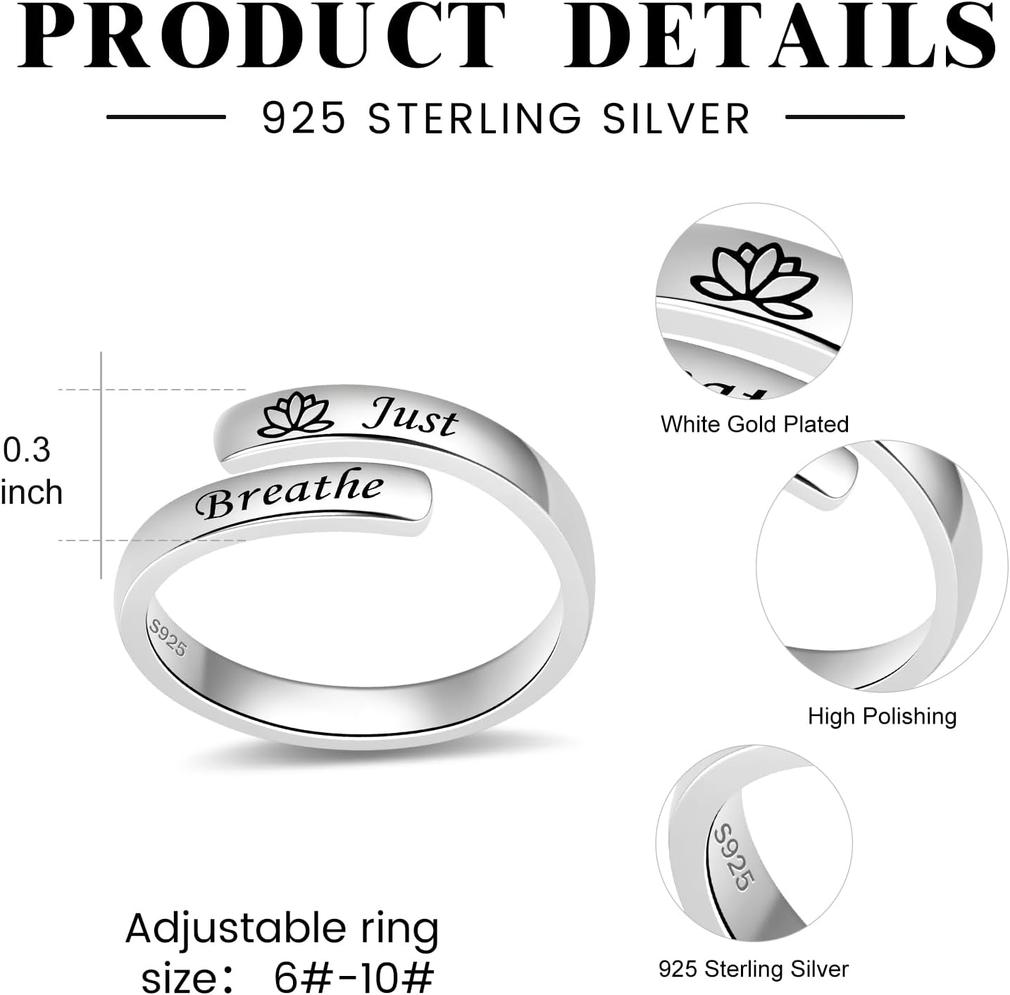 BEILIN 925 Sterling Silver Inspirational Jewelry Rings Adjustable Ring Personality Encouragement Gift for Teens Women