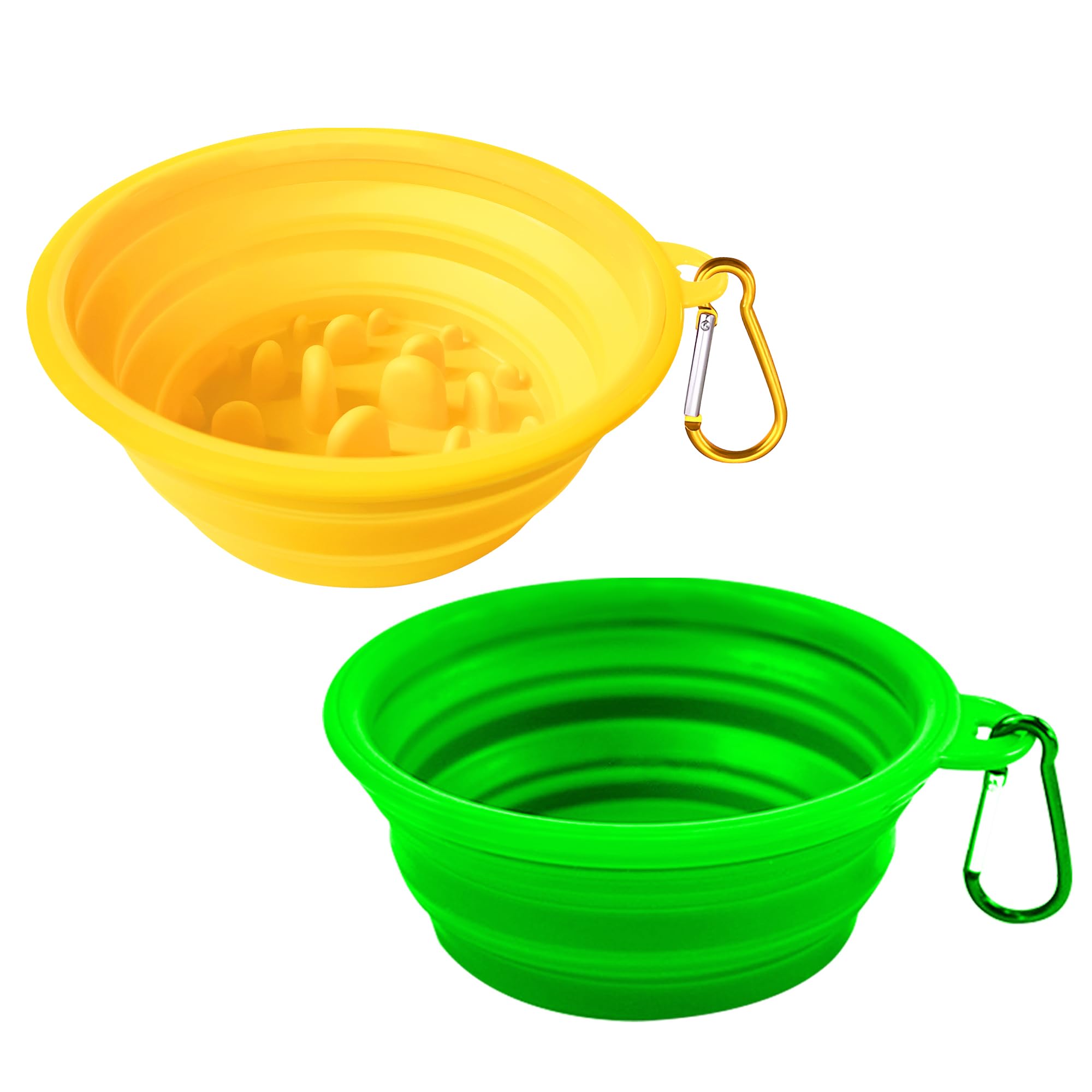 Small Collapsible Dog Bowls (12oz), 2 Pack 2 Colors Pet Travel Foldable Bowl and Slow Feeding Frisbee with Carabiners, Healthy, Soft Silicone,