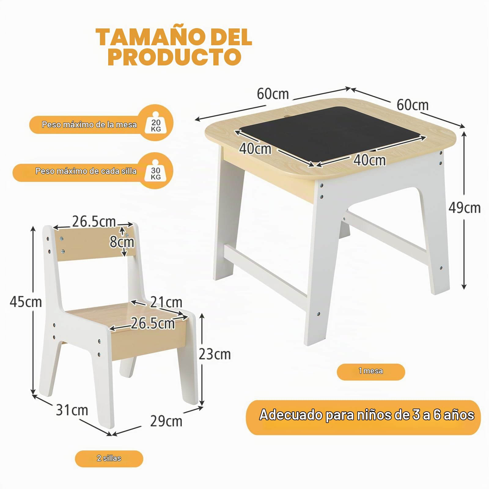 LIFEZEAL Juego de Mesa Infantil con 2 Sillas, Mesa de Actividad con Pizarra Doble Cara, Mesa Cuadrada con Tablero Extraíble y Almacenamiento Oculto, Conjunto de Mueble para niños (Natural+Blanco)