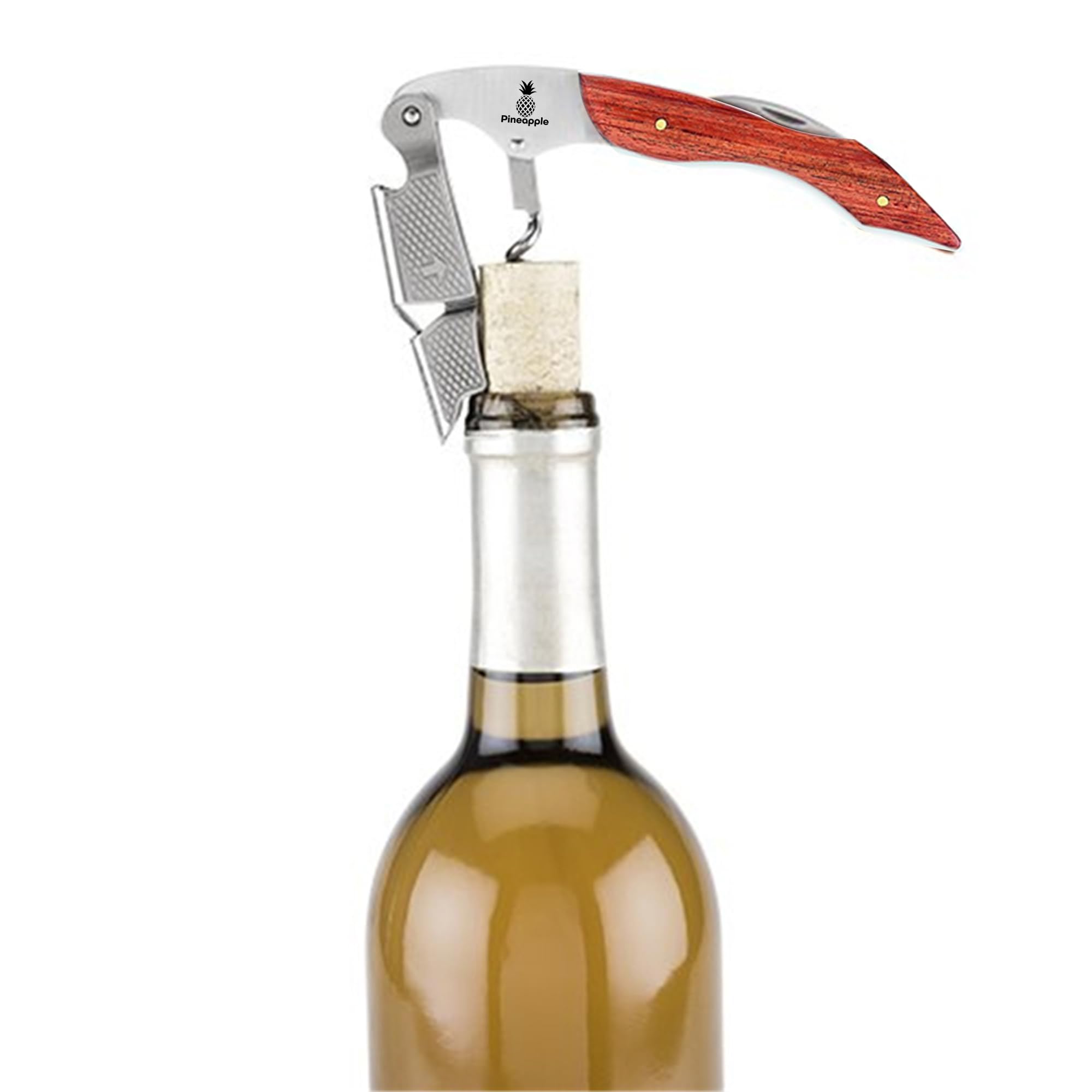 Pineapple Abrebotellas de vino con cortador de papel de aluminio, abridor de botellas de vino para camareros, servidores, sommeliers, camareros (roble cerezo)