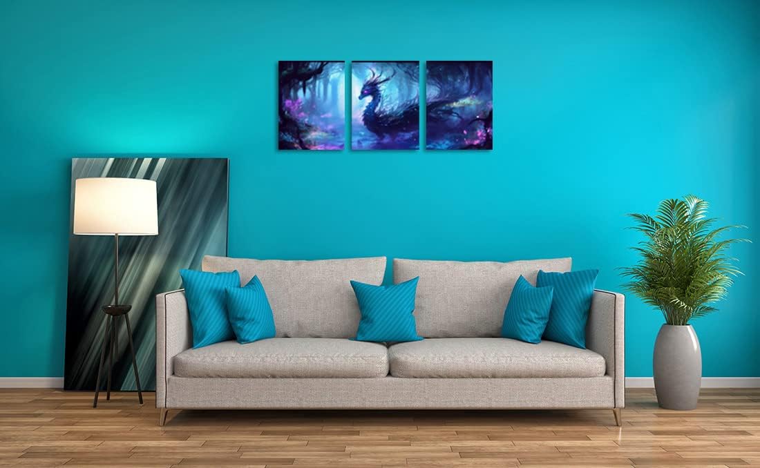 Dragon Wall Art Psychedelic Room Decor Blue Spirit Dragon Oil Painting on Canvas Wall Art for Modern Home Decoration with Framed Art Micro Spray Can Directly Hang 3 Pcs Canvas Prints 12X16inches