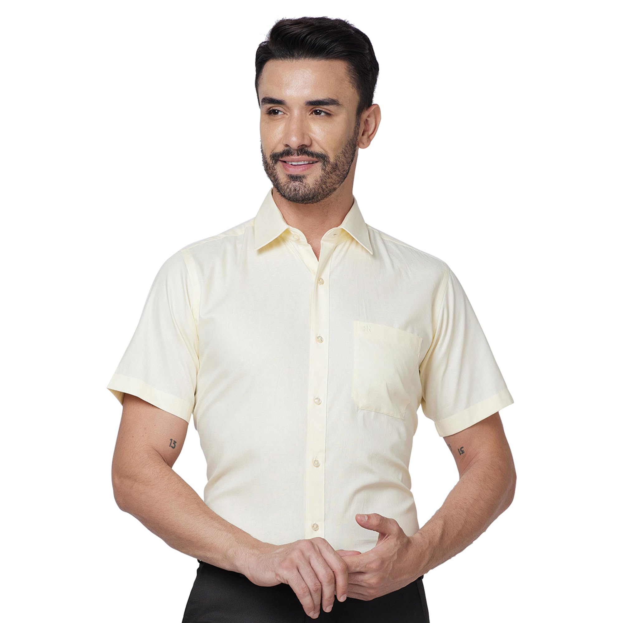 Men Contemporary Fit Solid Pattern Pure Cotton Semi Cutaway Collar Half Sleeve Formal Shirt-image-16