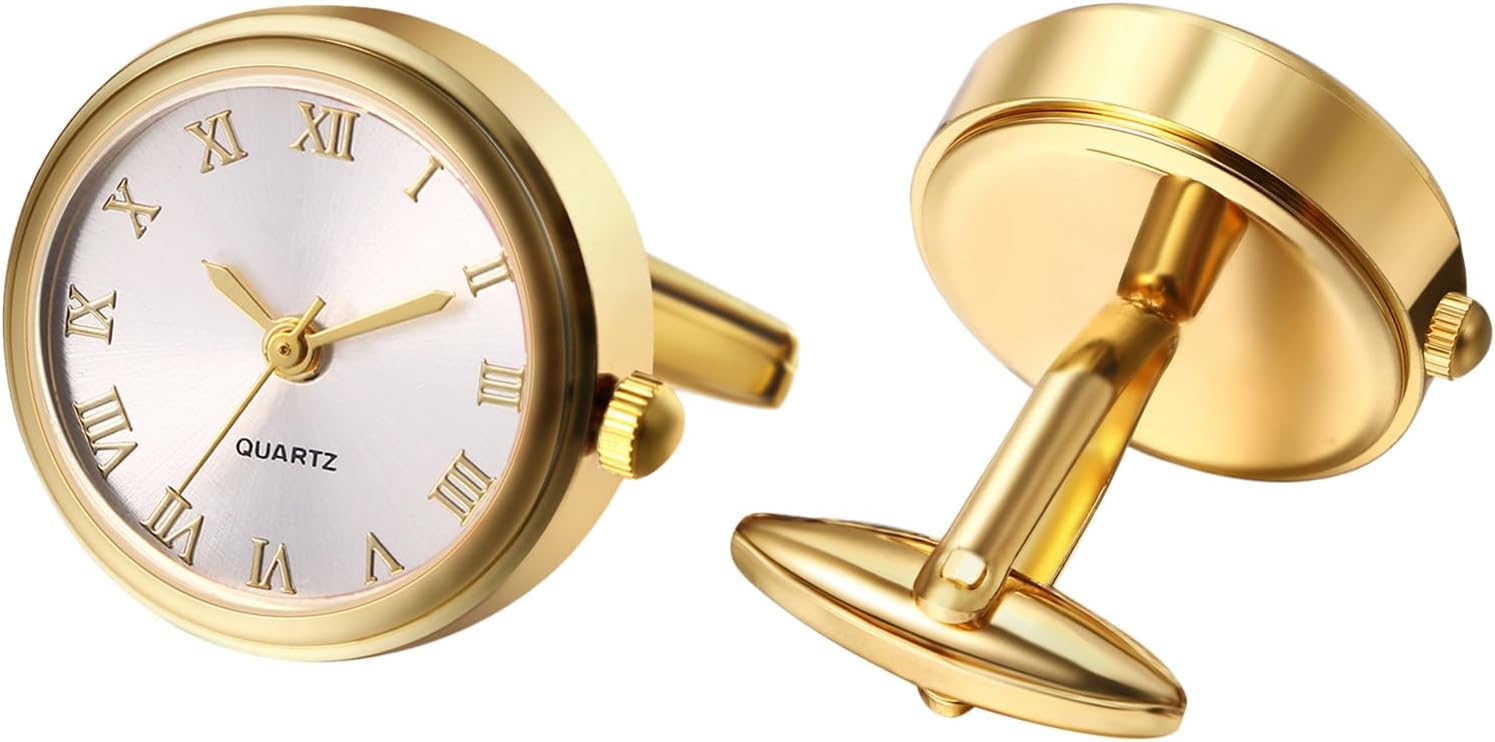 SilveroraWatches Men's Cufflinks Pocket Watch: Round Analogue Quartz Cuff Link Watch with Roman Numeral Scale Shirt Buttons Shirt Cuffs Gifts for Men Wedding Business White Gold