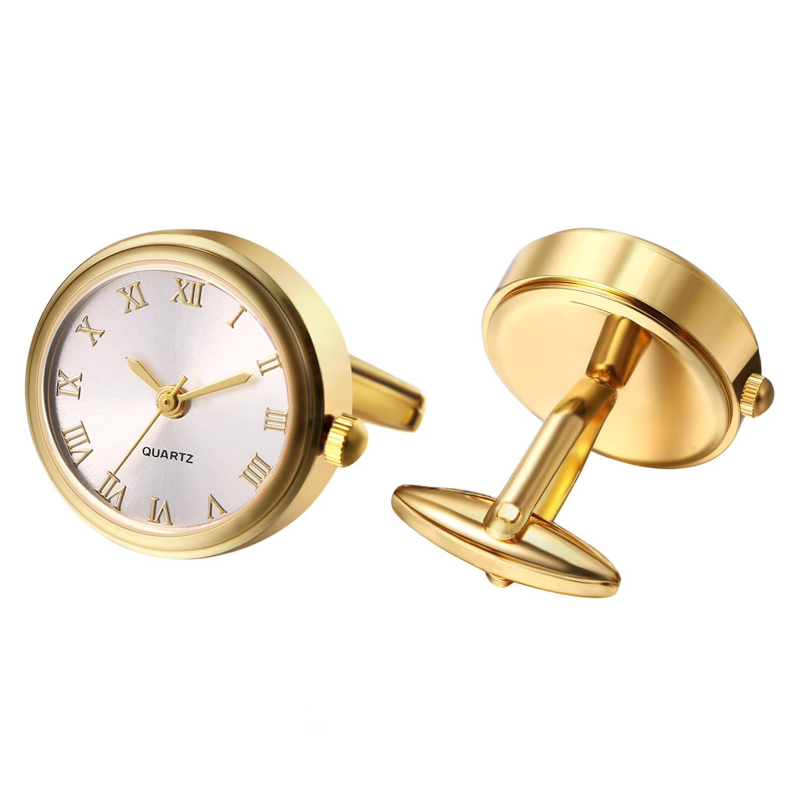 SilveroraWatches Men's Cufflinks Pocket Watch: Round Analogue Quartz Cuff Link Watch with Roman Numeral Scale Shirt Buttons Shirt Cuffs Gifts for Men Wedding Business White Gold