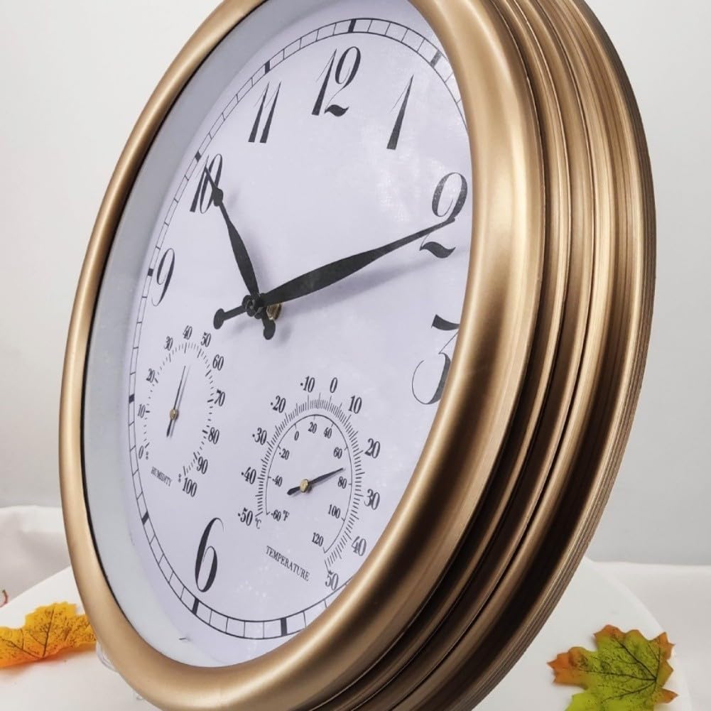 Reloj de pared para exteriores, 15 pulgadas, silencioso, sin tictac, con temperatura y humedad, termómetro de jardín impermeable, higrómetro, funciona con pilas (A)