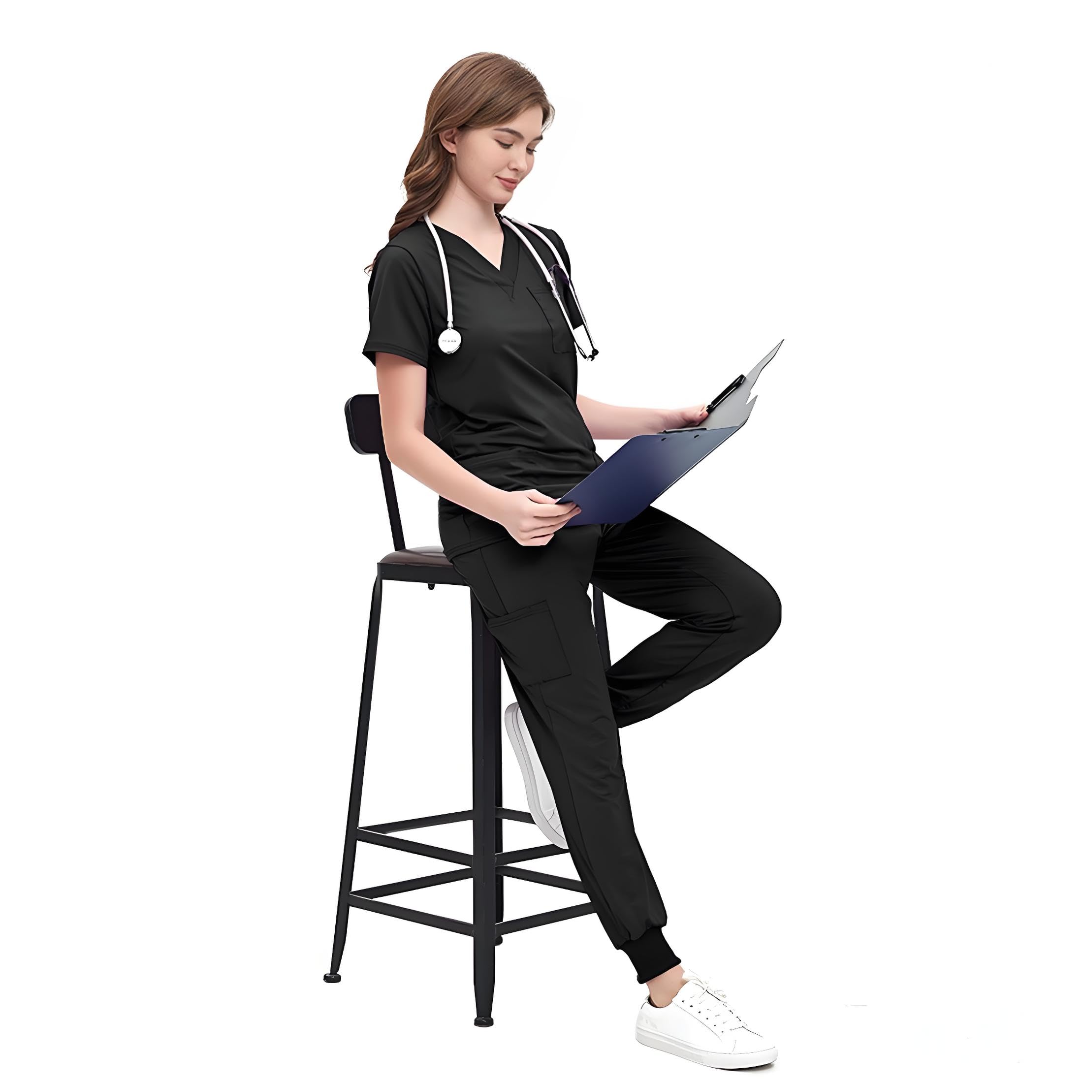 Uniformes Sanitarios Mujer Bata Limpieza Enfermera (FR/ES, Letras, S, M, Regular, Regular, Negro V+)