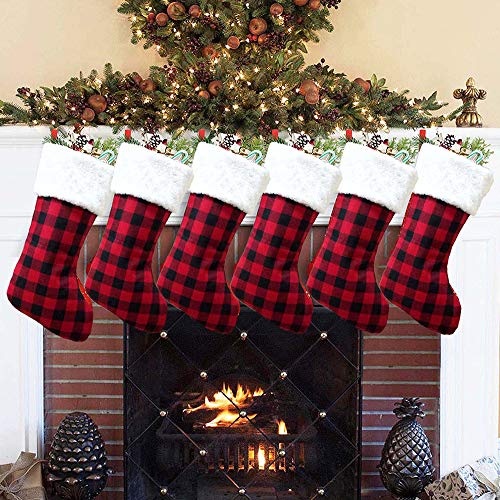 image for Createy Christmas Stockings, 6 Pack 18 Inch Black Red Buffalo Plaid Ch