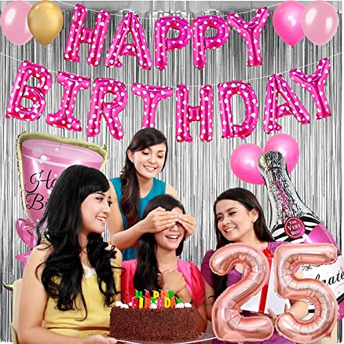 Image of Rozi Decoration 25th Birthday Decoration Pink Theme Champagne Glass, Bottle, Fringe Foil Curtain and Metallic Balloons Happy Birthday Kit for Wife, Women, Sisters, Girls Birthday Decor Pack of 26 Pcs