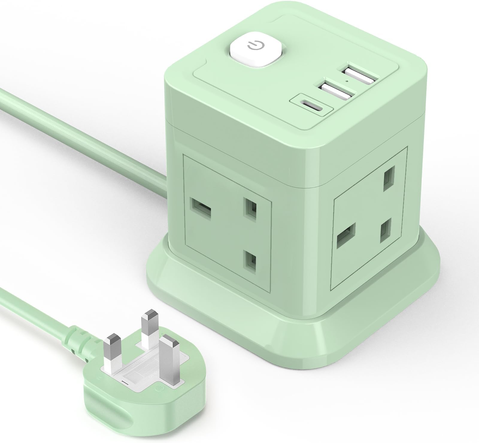 Cube Extension Lead with USB Slots, BEVA 4 Way Multi Plug Power Strip with 3 USB Ports (5V/2.4A), Desktop Power Extension Socket with 1.5M Extension Cords for Home Dorm Office Travel-Green