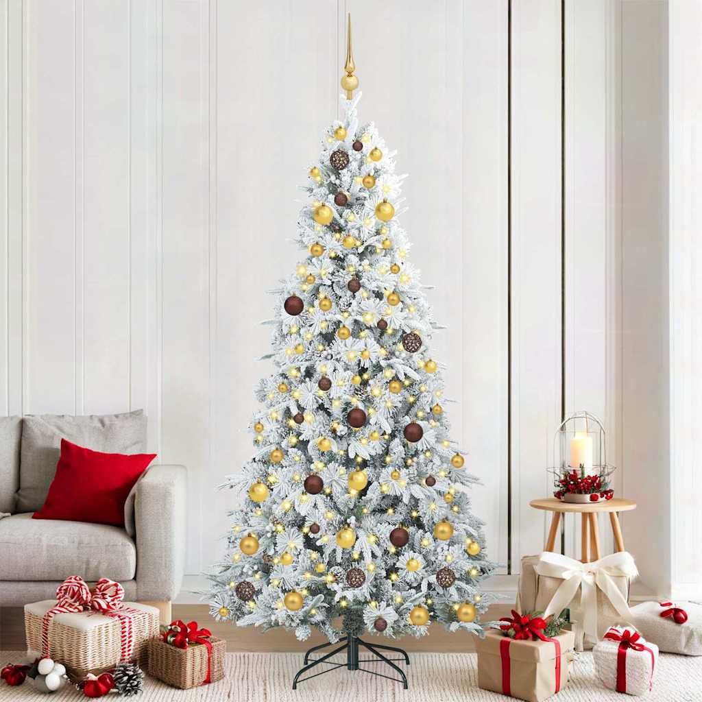vidaXL Albero di Natale Artificiale con Rami Pieghevoli Bianco 210 cm, Albero di Natale a forma di cono, decorazione resistente, luci festive con stringa bianca calda