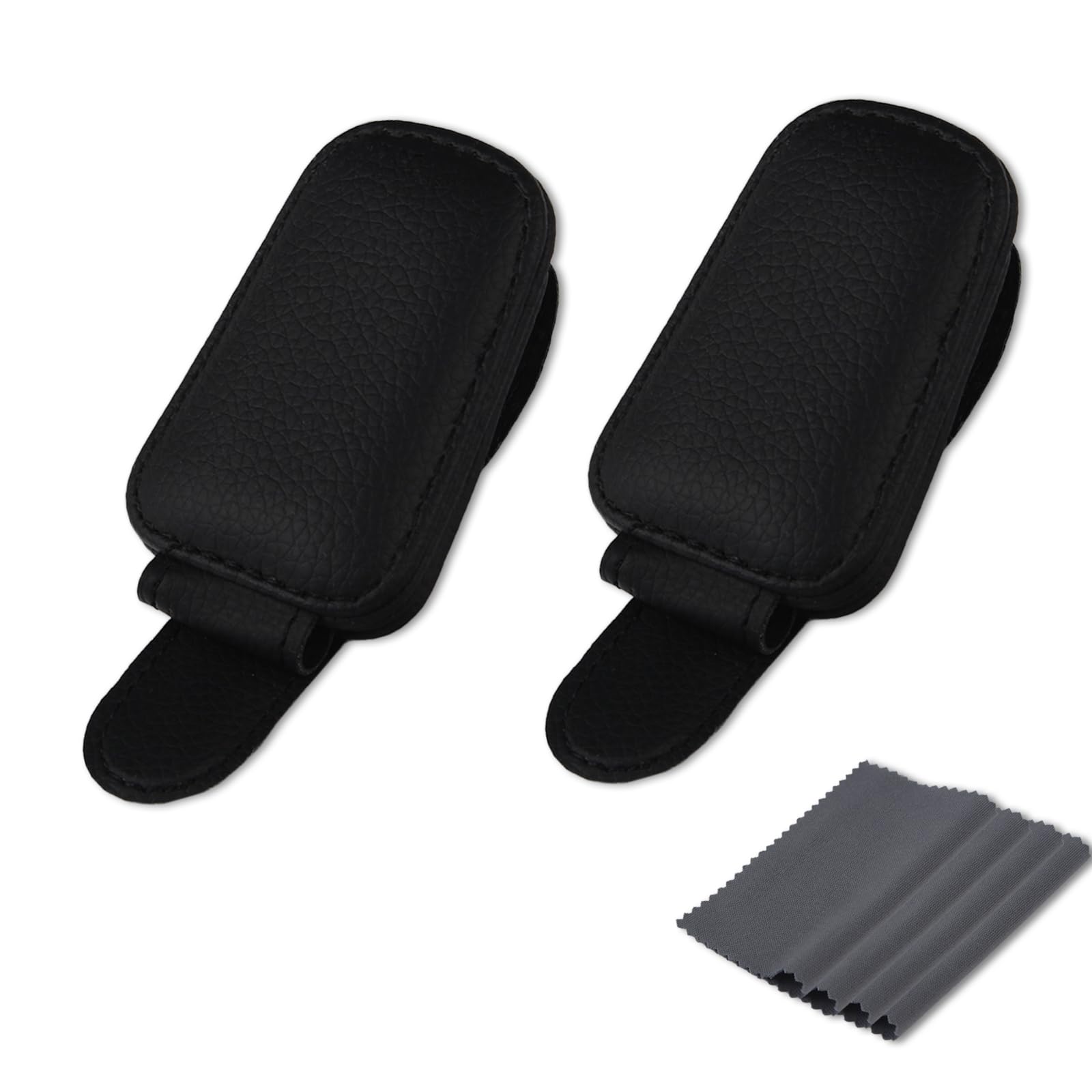 2 Stück Magnetische Leder Brillenhalterung Auto, Sonnenbrillenhalterung Auto mit 4 Brillenputztücher, Universal Leder Brillenhalter, Schwarz Auto Sonnenblende Clip für Alle Arten von Gläsern Geeignet