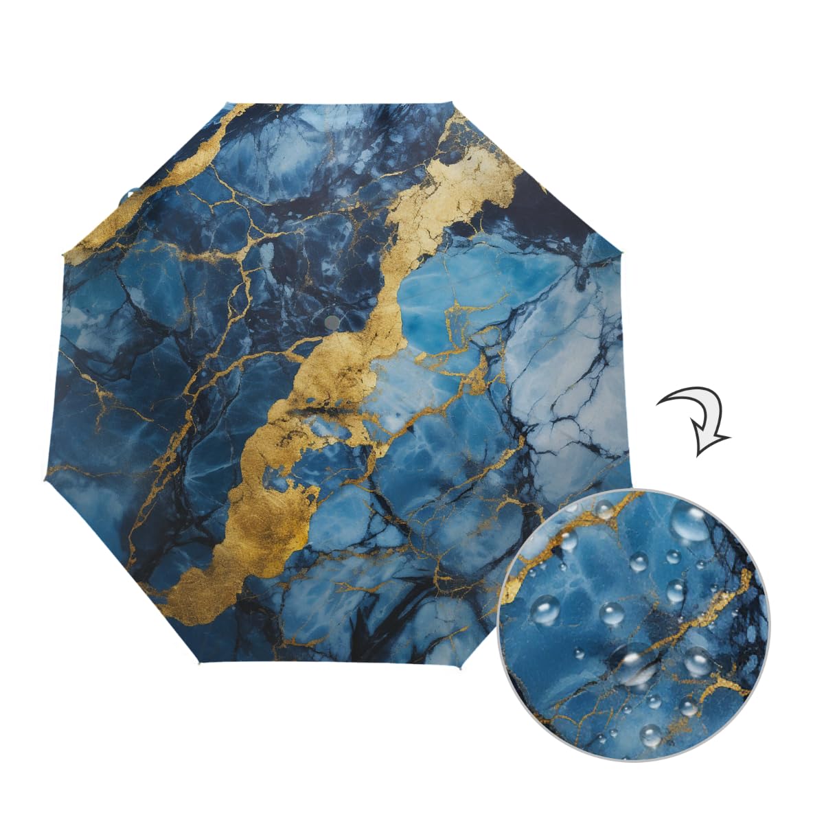 Ombrello pieghevole da viaggio con motivo a crepe blu marmo oro ombrello compatto antivento impermeabile con protezione UV rivestimento nero leggero 8 coste portatile per pioggia sole