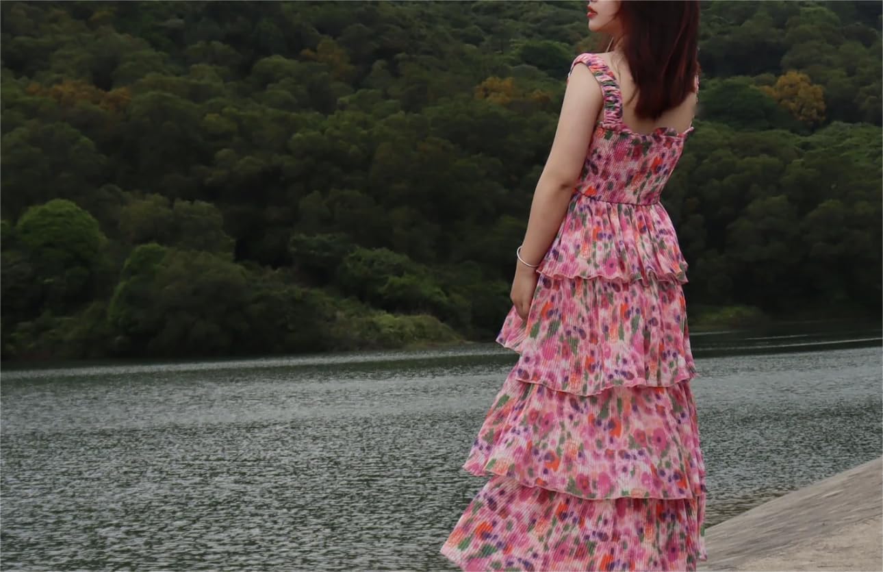 Women's Bohemian Summer Floral Printed Ruffle Pleated Halter Dress Beach Vacation Cute Pink Dresses - Image 3