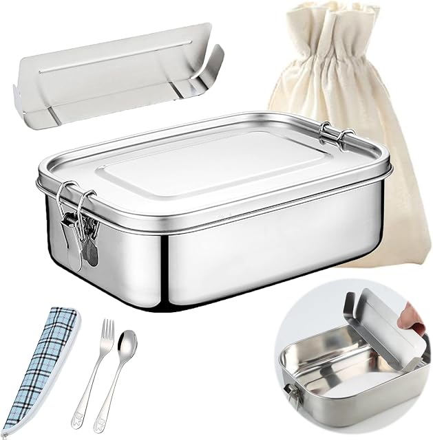 Resszo Stainless Steel Lunch Boxes, Food Storage Containers, Bento Box, Meal Prep Container, Adults and Kids Lunch Box with Movable and Removable Divider, Salad and Sandwich Container, 1200 ml