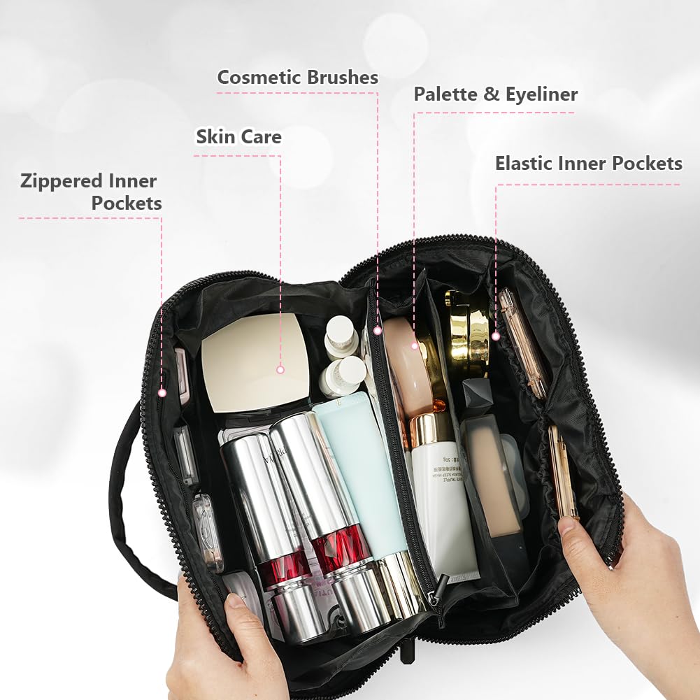URAQT Trousse de Maquillage Femme, Trousse de Toilette Grande, Sac Cosmétique de Voyage Léger avec Compartiments, Ouverture à Plat avec Poignées, Lavable en Machine pour Voyage Bureau Quotidien Noir - 2