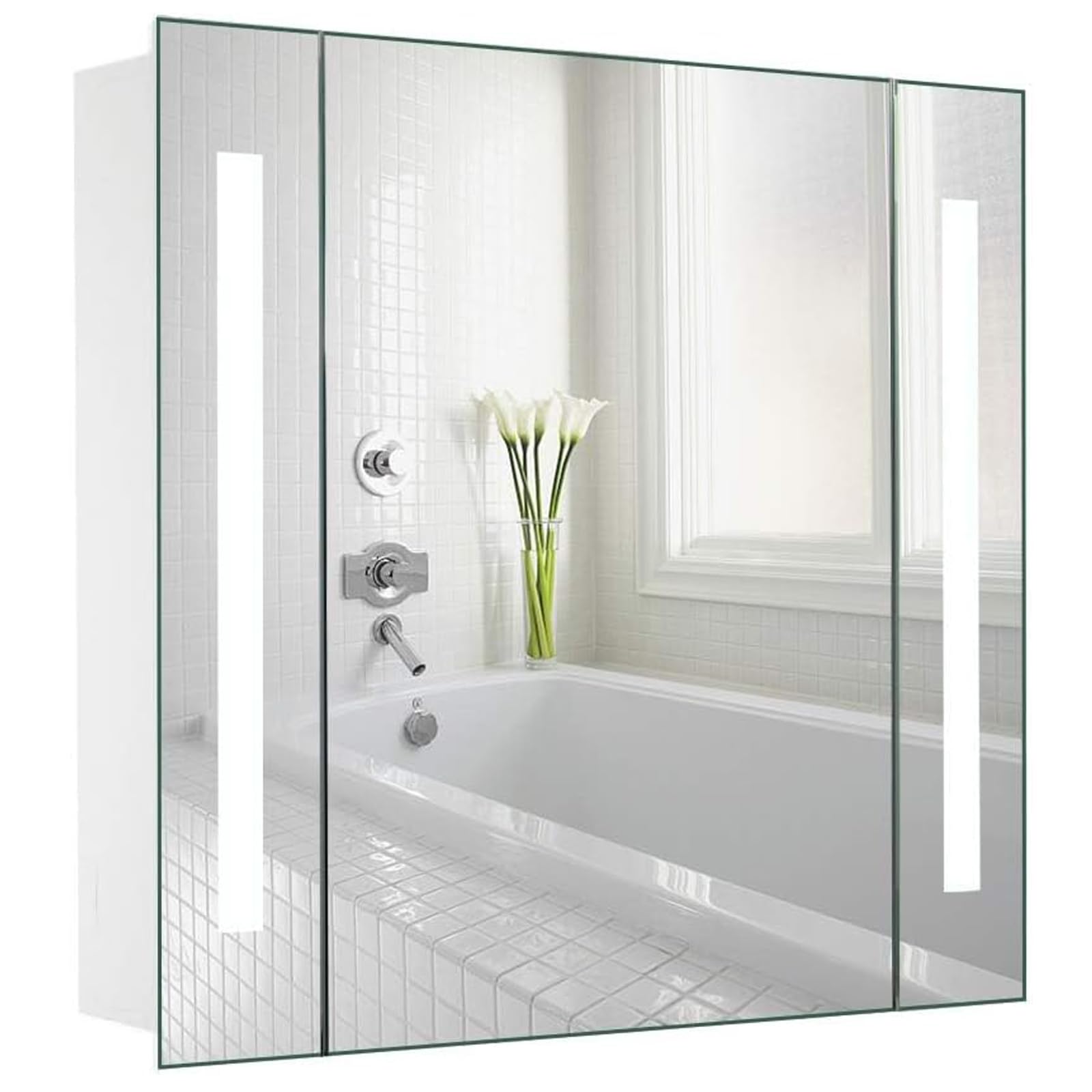 Warmiehomy Bathroom Mirror Cabinets with Lights,650x600mm LED Illuminated Bathroom Mirror Cabinet with Shaver Socket Demister Pad Sensor Switch