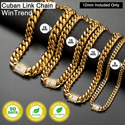 Wintrend Cuban Link Chain Necklace Or Bracelet With Bling Bling Cubic Zirconia Iced-Out Clasp For Men Boys 18K Gold Stainless Steel Hip Hop Miami Curb Chains(12Mm, 16") #TOP3