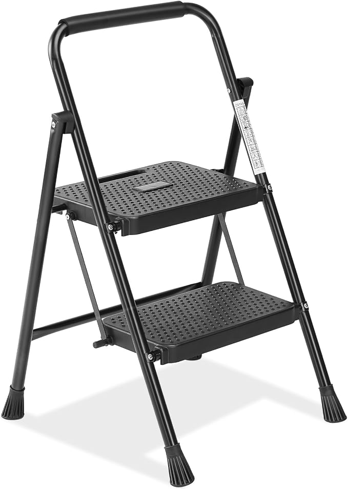 Sweetcrispy 2 Step Ladder, 800lbs Sturdy Portable Ladder, Folding Step Stool with Wide Anti-Slip Pedal, Cushioned Handle, Lightweight Step Stool for Home Kitchen and Outdoor