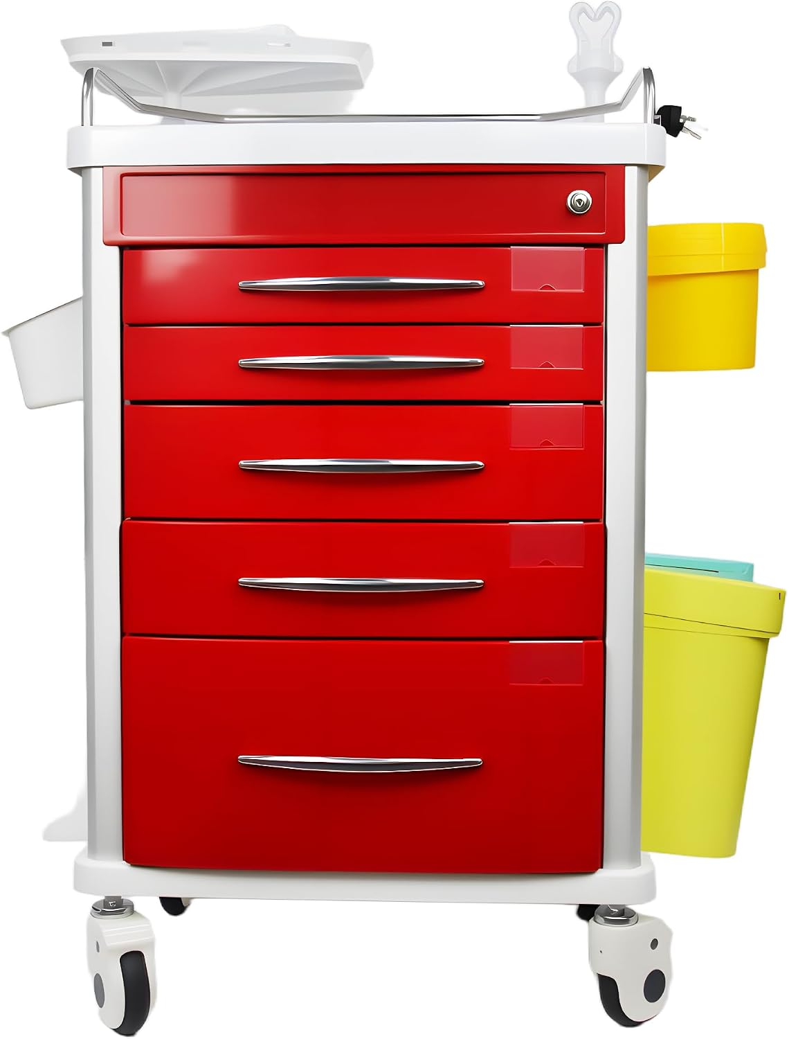 Medical Crash Cart, 5 Drawers with Dividers, Adjustable IV Pole, Silent Casters, Trash Bins, O2 Holder, Needle Disposal Holder, CPR Board – Emergency Rolling Cart for Hospital, Clinic, Nursing Center