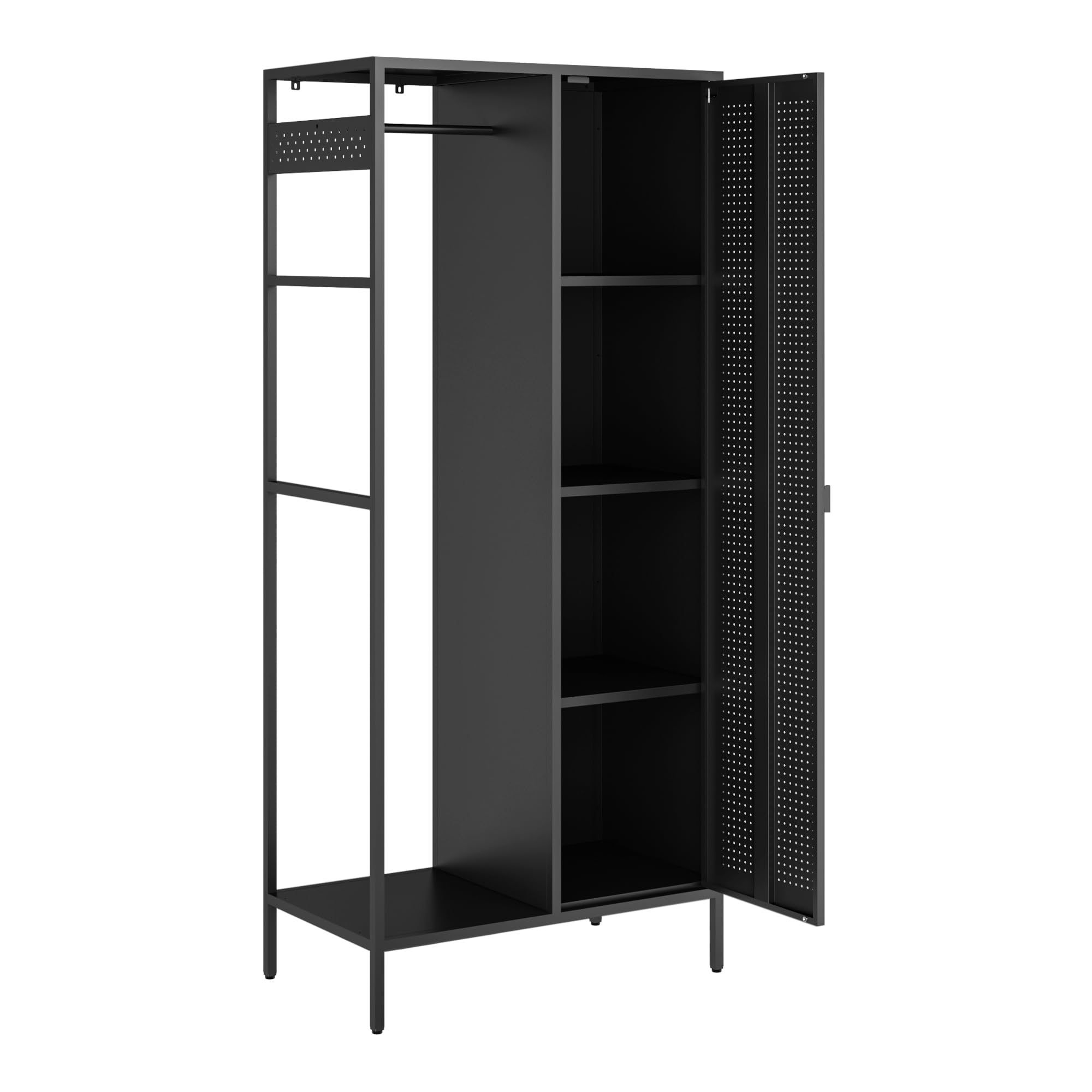 [en.casa] Szafa na ubrania Puumala 180 x 80 x 45 cm, szafa do sypialni, metalowa szafka z 4 półkami i 1 drążkiem na ubrania, metalowa, czarna