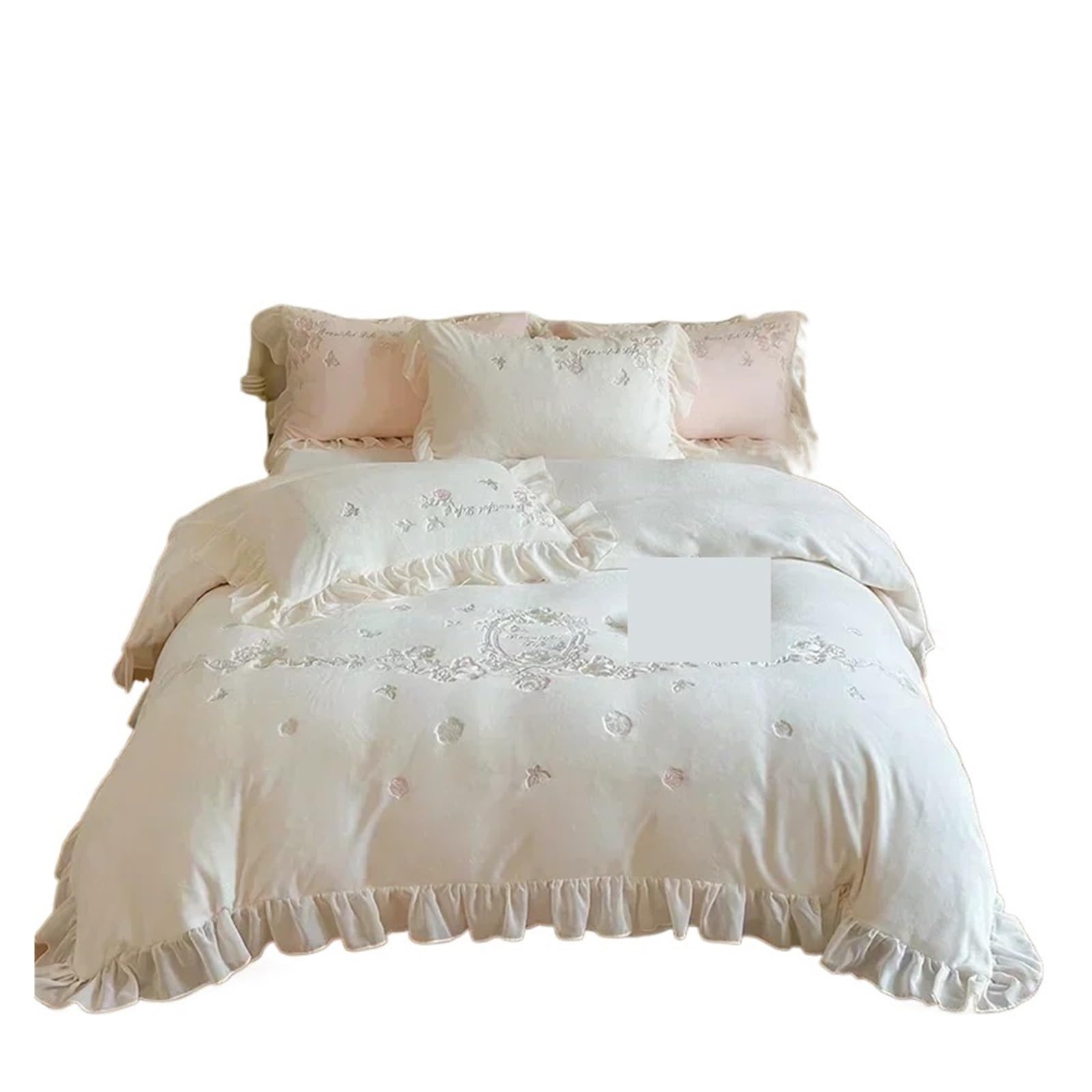 GCYEIDMA Ruffle Duvet Cover Bedding Set Flower Embroidery Ruffle Velvet Quilt Duvet Cover Bed Sheet Bedclothes(WHITE,King 220x240cm 4pcs)