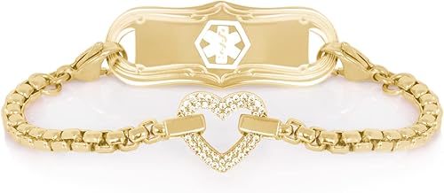 Lauren's Hope Pulseras de alerta médica de corazón de cristal dorado para mujer, pulsera de identificación médica grabada personalizada para