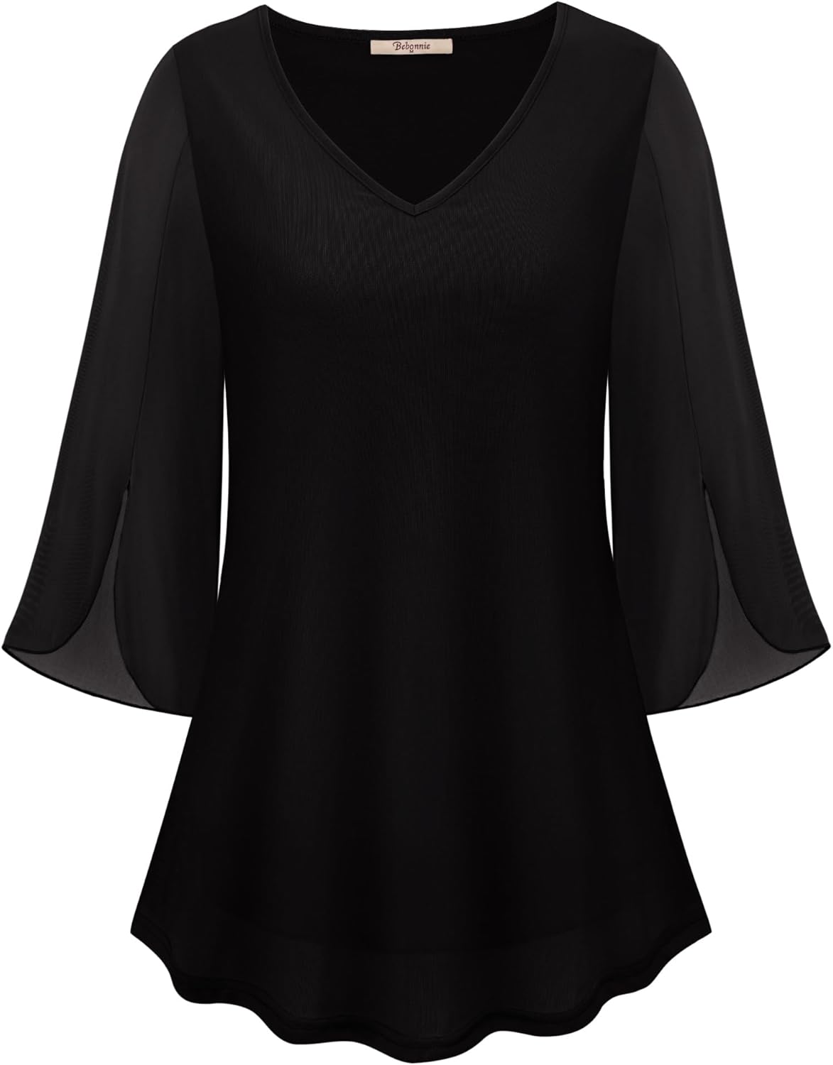 Bebonnie Womens Ruffle 3/4 Sleeve V Neck Double Layers Mesh Blouses Loose Fit Flowy Tunic Tops