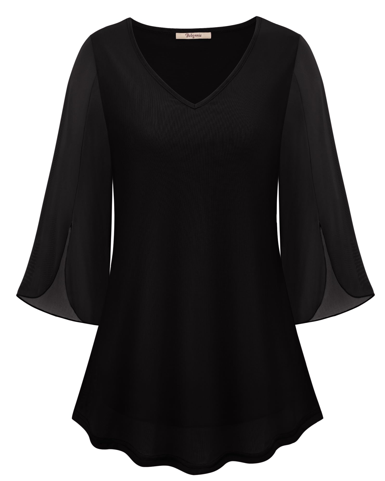 BebonnieWomens Ruffle 3/4 Sleeve V Neck Double Layers Mesh Blouses Loose Fit Flowy Tunic Tops