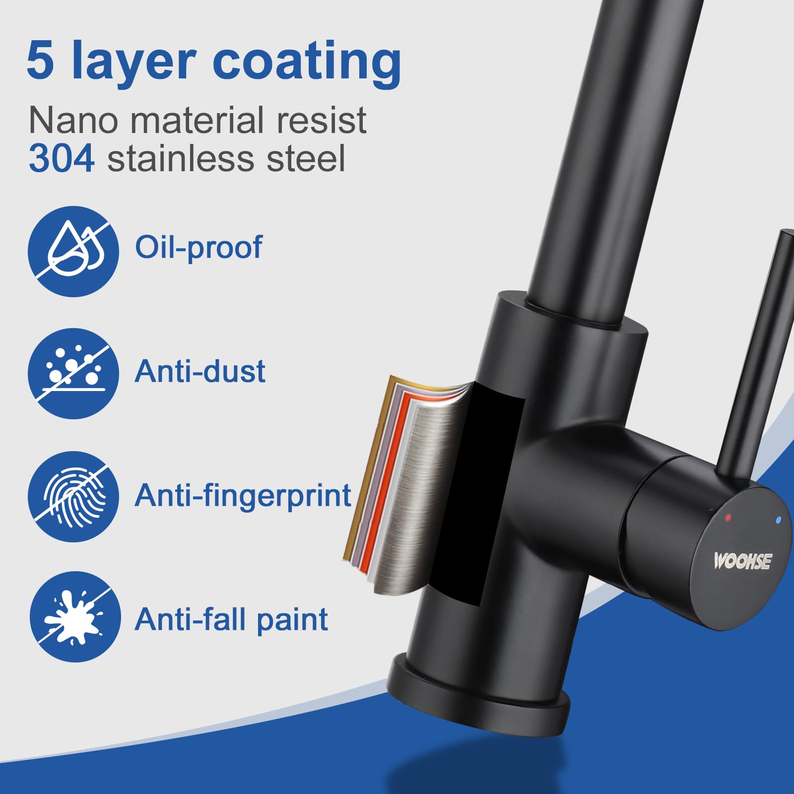 Niederdruck Armatur Küche Ausziehbar, WOOHSE Wasserhahn Küche Schwarz mit Brause 2 Strahl, 360° Drehbar Küchenarmatur Niederdruck Wasserhahn mit 3 Anschlüsse für Boiler, Spültischarmatur aus Edelstahl