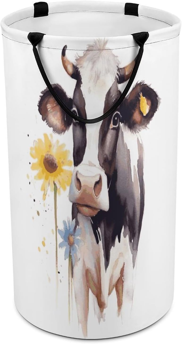 Watercolor Cow And Daisy Flower Laundry Basket 86L Laundry Hamper | Collapsible Clothes Hamper with Reinforced Handles Waterproof Tall Foldable Dirty Clothes Basket for Hotel, Home, Closet