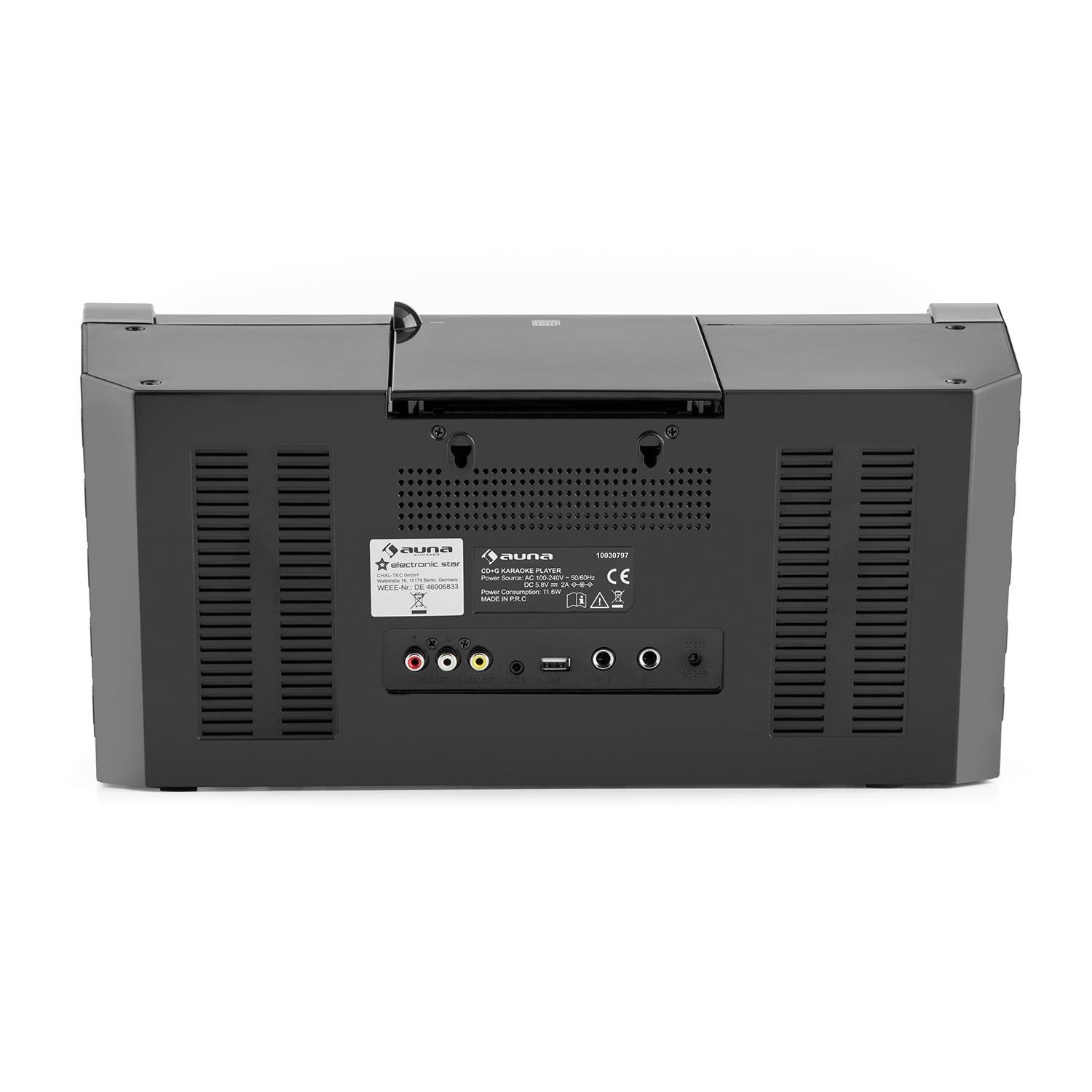 AUNA DiscoFever - Apppareil karaoké, Systeme Karaoke Complet, Microphone Filaire Dynamique, Fonction Enregistrement, Sortie vidéo, CD/CD+G/CD-R/MP3, Effet Lumineux, Ecran Couleur - Noir