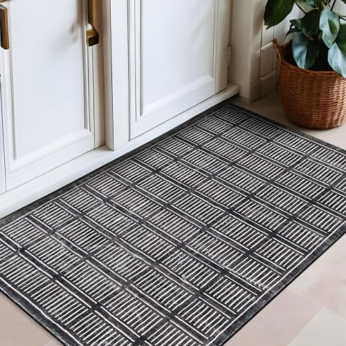 Rugshop Bohemian Stripe Lines Washable Non Slip Area Rug 2' x 4' Black