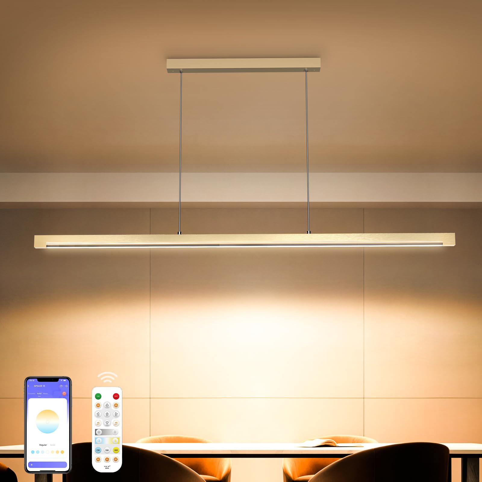 40W Gold Linear Pendant Light Aluminum, 54" Dimmable Kitchen Island Lighting with Remote & App Control, Adjustable CCT (3000K-6000K), Dining Room Chandelier for Home Office Study