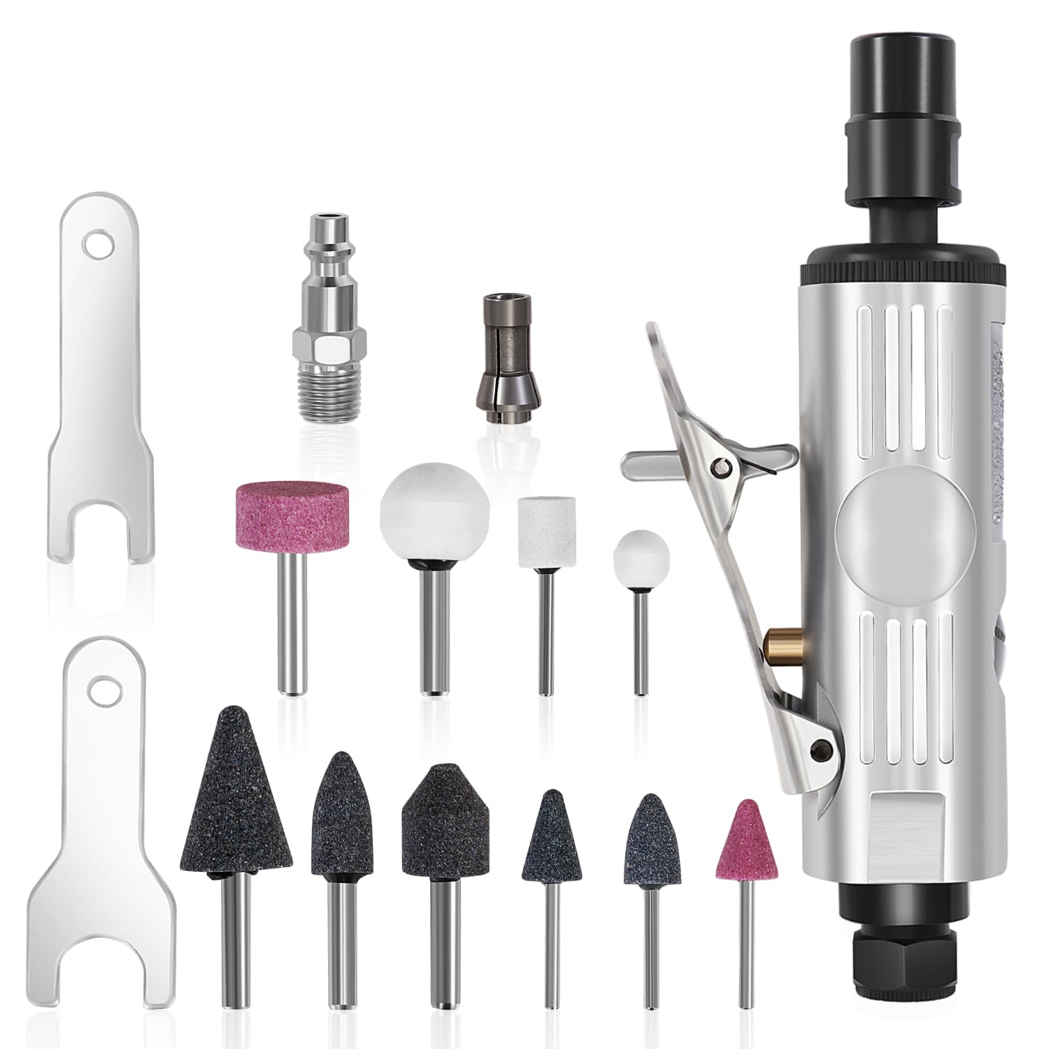 [16 Pcs] Universal Mini Air Die Grinder Tools Kit 25000 RPM Straight Pneumatic Rear Exhaust Polisher with Grinding Heads Spanner Accessories