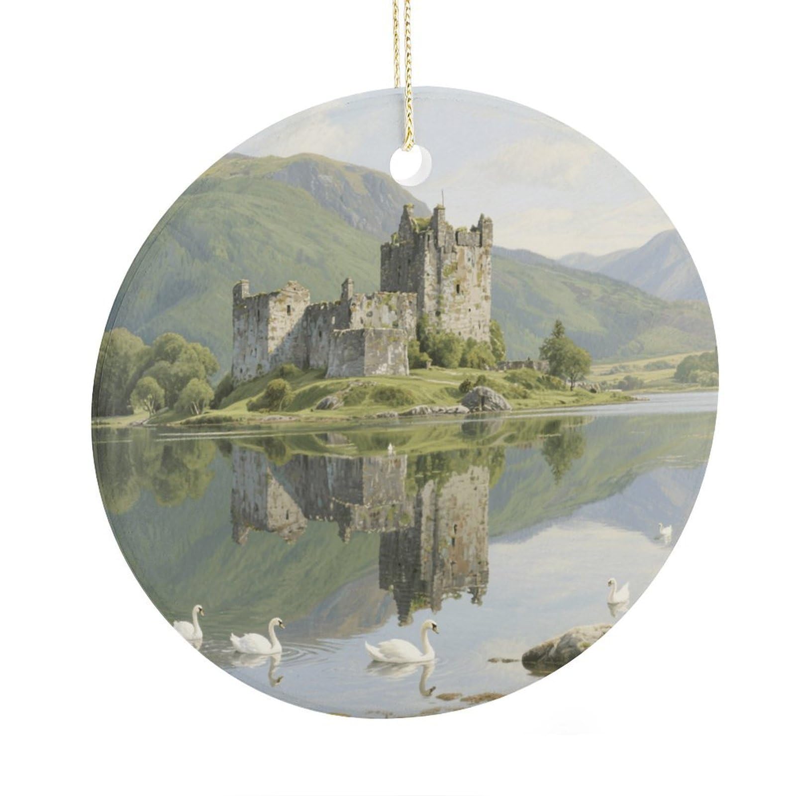 Fekiloot Style Highland Lakes And Castles Christmas Ornaments 2.9 Inch Round Ceramic Ornament Keepsake Thank You Gifts For Office, Room, Home - Holiday Present Ideas