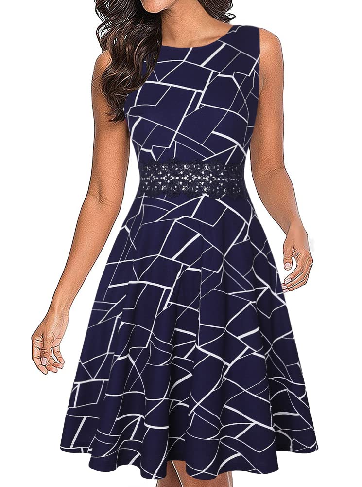 Owin Women's Vintage Cocktail Dress Sleeveless Waist Round Neck Floral Casual Midi Dress