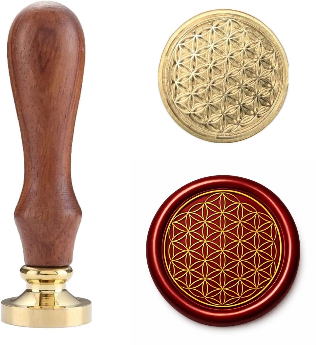 Sellos de cera de sellado de cobre con mango de madera, sello de geometría sagrada (flor de la vida)