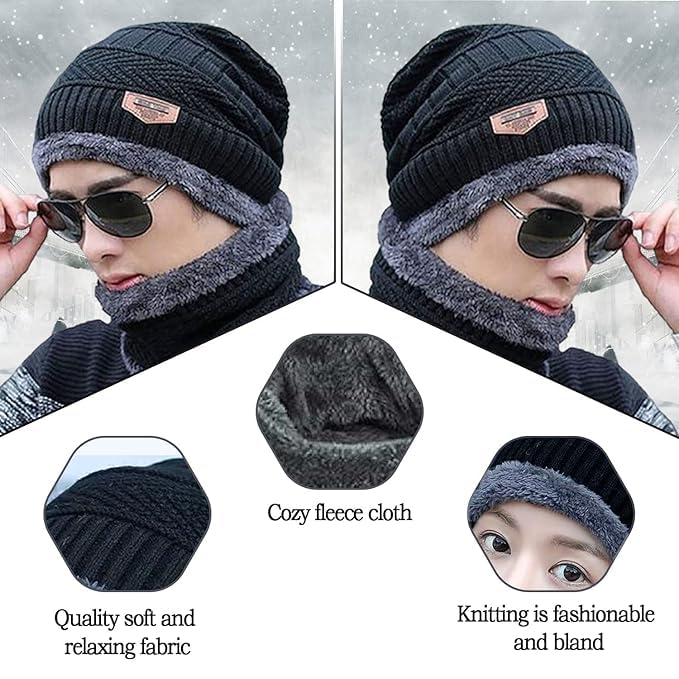 SARNESHWERAM Wool Beanie Cap & Muffler Set for Men & Women - Winter Woolen Neck Warmer - Soft & Warm 1