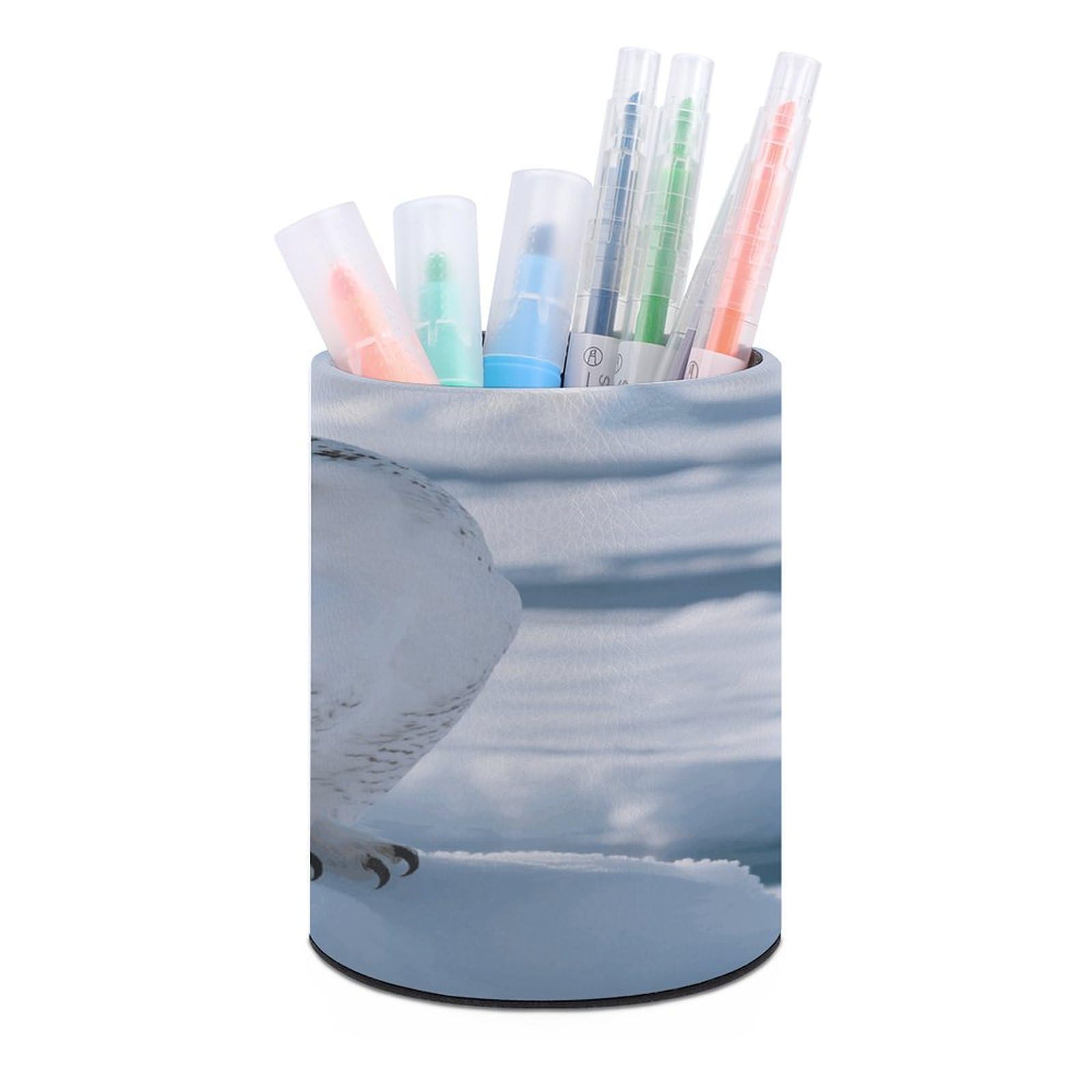 VstaDank - Snow Owl on Ice Round Pen Holder Pencil Holder PU Leather Desk Organizer for Desk Desk Office Home Decor (3.1 x