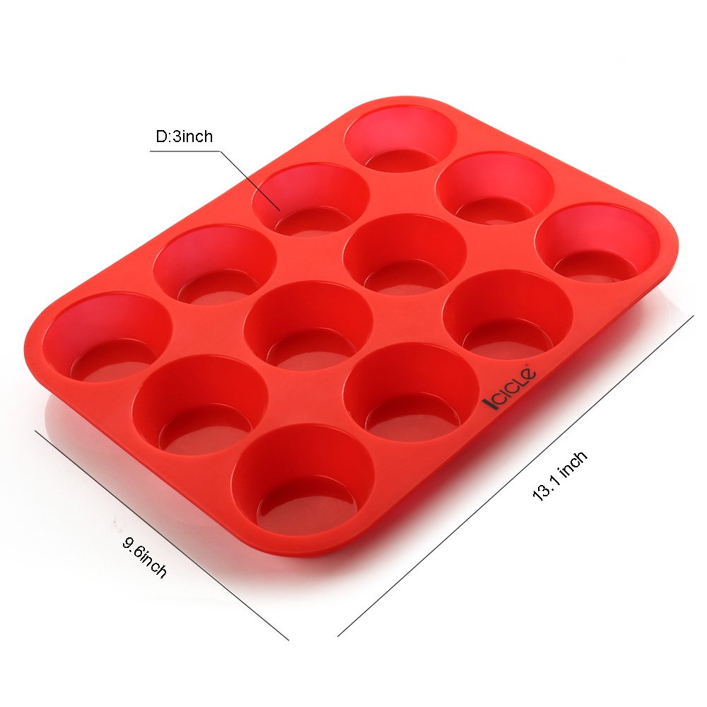 Wootop Slicone Muffin Pan, 12 Cup 100% Food Grade Silicone Baking Molds (12x9.5'', Red)