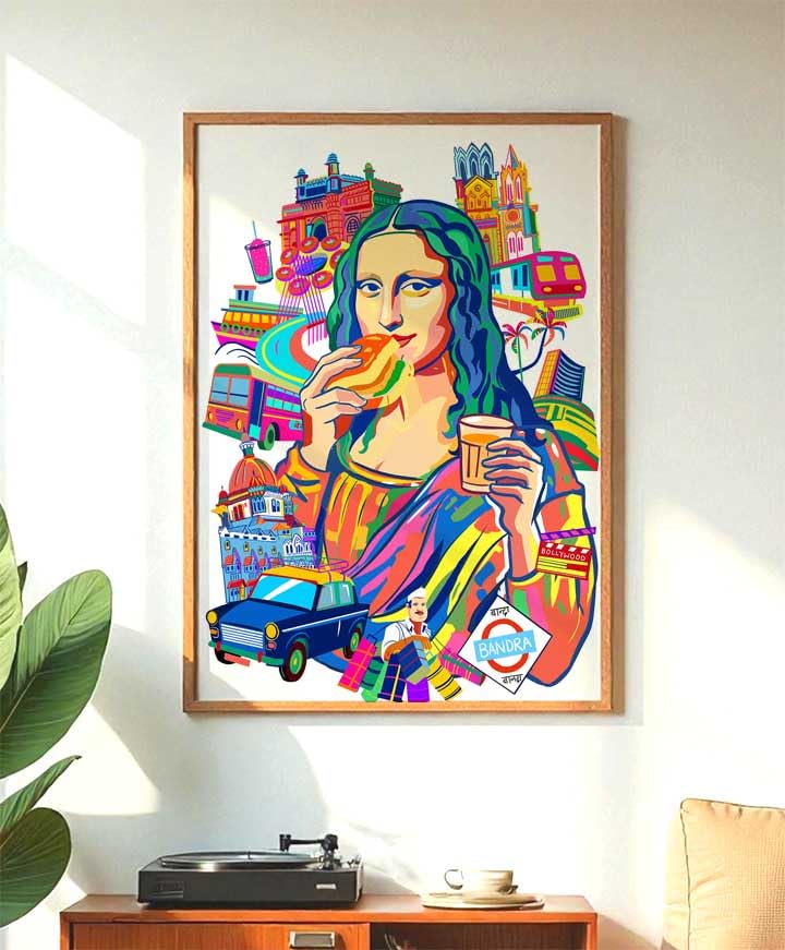 Image of The Blot Studio Monalisa in mumbai gateway of india colaba Pop Art Vada Pav Art Print, Cutting Chai Wall Art, Indian Street Culture Poster, Quirky Desi Pop Art Decor 12 inches x 19 inches
